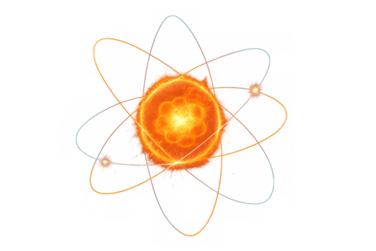 Abstract glowing atomic structure showing proton and electron orbits, representing science, energy, and nuclear fusion