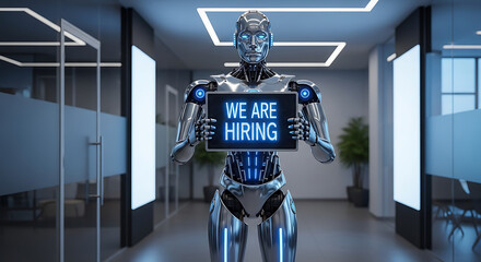 Robots Hiring Concept – Futuristic Recruitment Copy Space Poster, robot hiring, futuristic recruitment, AI hiring, recruitment poster, hiring concept, copy space design, robot workforce, digital hire
