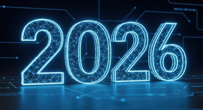 Futuristic Digital Network Year 2026 With Blue Glowing Numbers