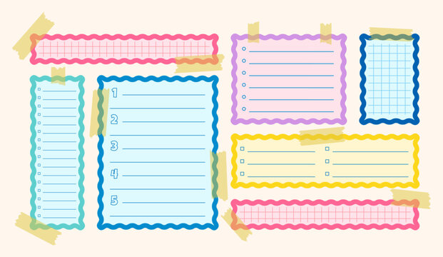 Paper corrugated diary frame memo pages templates set. Cute scallop notebook to do list sheets blank planner notes stickers collection. Sticky tape reminder stationery organizers backgrounds. Isolated