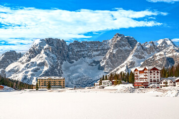 Frozen Lake Misurina Winter Morning in Dolomites