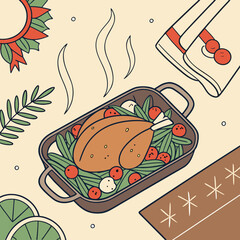 Roasted turkey with vegetables and herbs