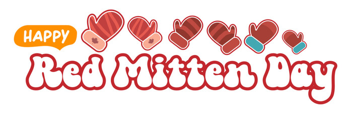 Happy red mitten day wide banner with warm red mittens isolated on white background. Celebrate national Red mittens day 21 November Canadian holiday greeting card
