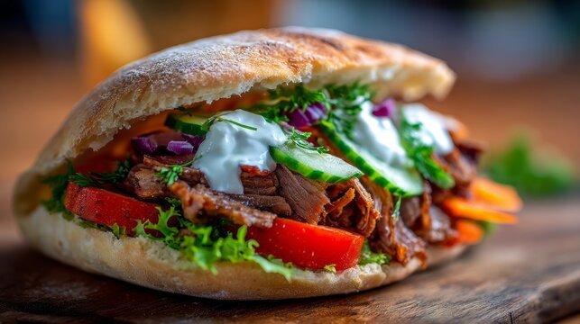 Delicious turkish doner kebab sandwich with juicy meat, fresh lettuce, tomatoes, onions, and creamy sauce close-up, tasty middle eastern street food served on soft bread
