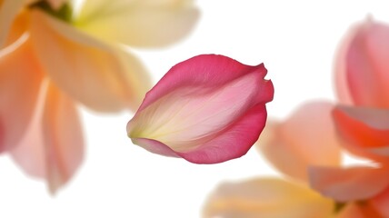 Single pink and yellow rose petal floating against a soft blurred background