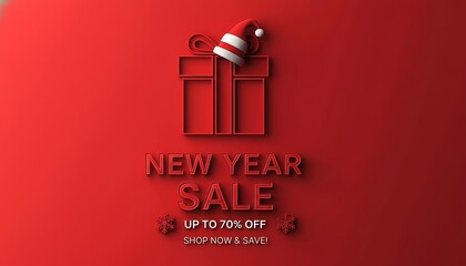 Festive new year sale announcement with gift box icon and discount information on red background
