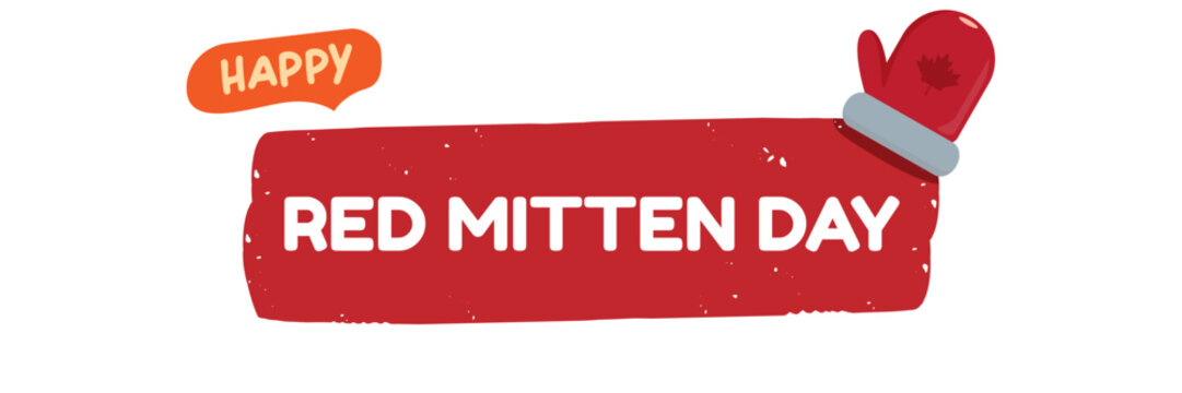 Happy red mitten day wide banner with warm red mittens isolated on white background. Celebrate national Red mittens day 21 November Canadian holiday greeting card