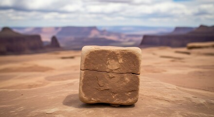 Single weathered stone stands on a desert mesa with canyon landscape background