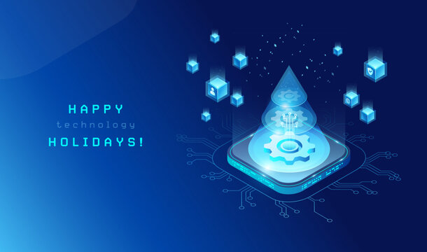 Christmas Technology Concept Isometric Background - Digital Christmas tree connected to a platform and circuit board texture - Happy Holidays text on neon blue background. Vector