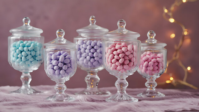 Glass jars filled with pastel candy on pink festive background