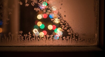 Winter Frost Patterns on Window With Christmas Lights Bokeh