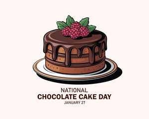 National Chocolate Cake Day poster vector illustration. Whole round chocolate cake with raspberries icon vector. Template for background, banner, card, poster. January 27