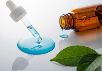 A dropper with blue liquid falling into a pool of liquid, next to an amber bottle and green leaves, isolated on white background