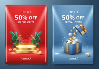 Special offer up to 50% off sale with gift box and podium display, festive promotion for shopping events