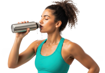 Fit woman in teal athletic top drinks from silver metal water bottle isolated on transparent background