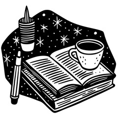 Book with coffee, candle, and pen isolated on