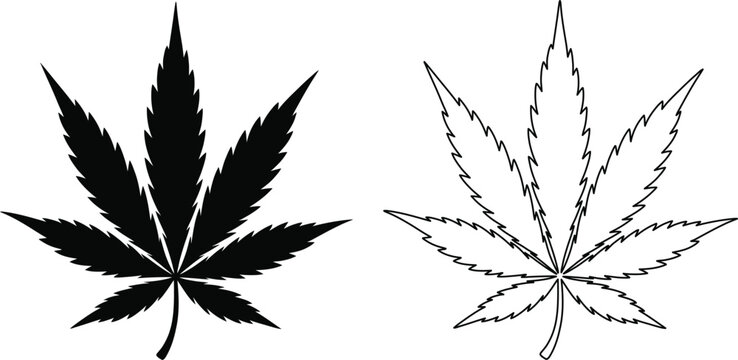 Cannabis leaf silhouette and outline vector icon set on white