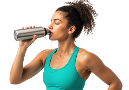 Fit woman in teal athletic top drinks from silver metal water bottle isolated on transparent background