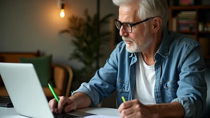 Happy older man wearing eyeglasses using laptop at home. Smiling senior male working, writing notes, online learning. Remote work, elearning, hybrid work, webinar, business concept.