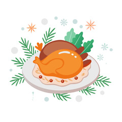 Festive roasted chicken on a plate isolated on with decorations