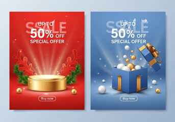 Christmas sale special offer with 50% off discount on a golden podium and a gift box with festive decorations