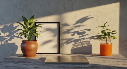 Modern desk setup with plants framed artwork and laptop bathed in sunlight