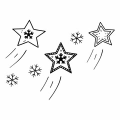 Three shooting stars with snowflakes isolated on