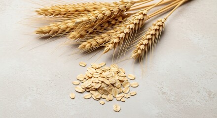 Golden wheat stalks and a pile of rolled oats on a textured surface