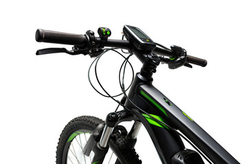 Close-up of electric bicycle's handlebars, display, and front components.  Dark gray/black frame, bright green accents