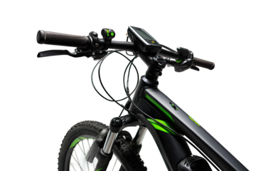 Close-up of electric bicycle's handlebars, display, and front components.  Dark gray/black frame, bright green accents