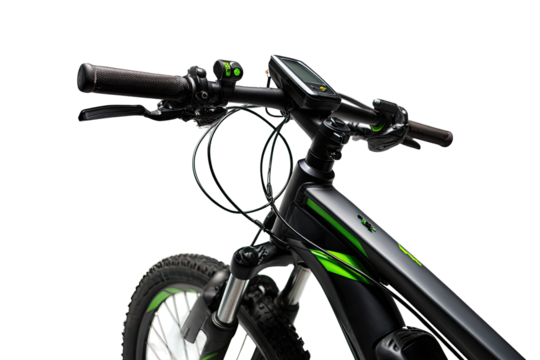Close-up of electric bicycle's handlebars, display, and front components.  Dark gray/black frame, bright green accents