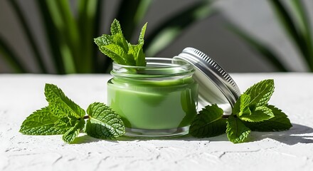 Fresh mint paste in a glass jar with mint leaves