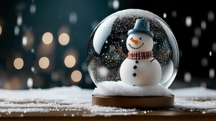 A delightful snow globe showcases a smiling snowman as snowflakes fall gently, creating a cozy winter atmosphere with twinkling lights - Powered by Adobe