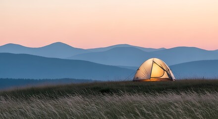 Glowing tent in mountains at sunset with soft pastel sky