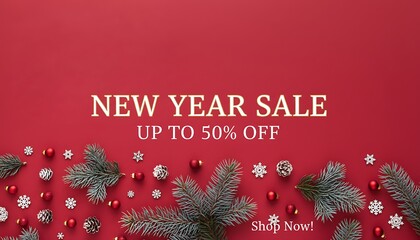 Festive new year sale announcement with christmas tree branches and ornaments on red background
