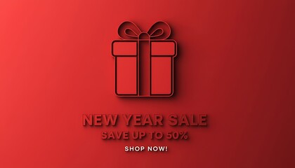 Red new year sale announcement with gift box icon and discount offer for shopping promotion