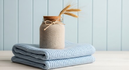 Cozy still life with jar of sand and folded blue towels