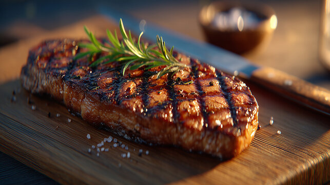 grilled beef steak with rosemary and coarse salt on wooden cutting board in warm natural light creating a high-detail gourmet cooking scene for recipe design food blogs and restaurant advertising