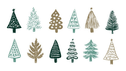 Christmas tree set on white, hand drawn illustration	
