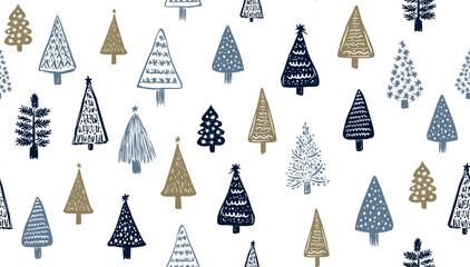 Christmas white tree pattern, hand drawn illustration on white	