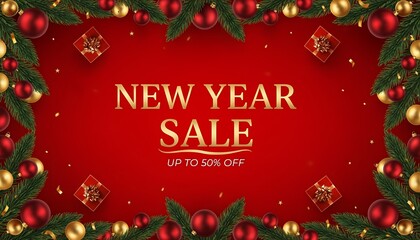 Festive new year sale banner with red and gold ornaments and fir branches on a red background