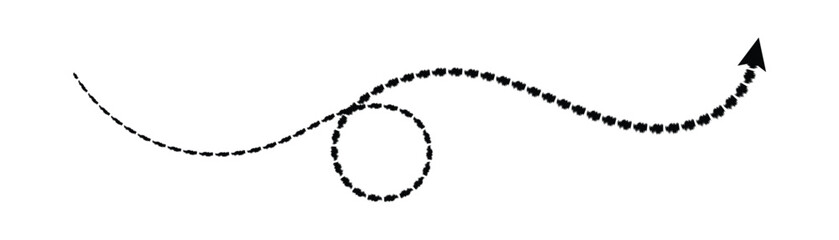 Black dashed arrow curving upwards with a circular loop white line