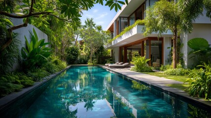 Lush tropical courtyard with reflective pool. AI image