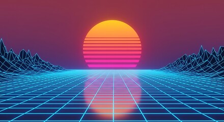 Retro futuristic landscape with a grid floor and a neon sun setting over mountains, evoking a synthwave aesthetic