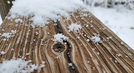 Close up of weathered wood grain covered in fresh snow and ice crystals