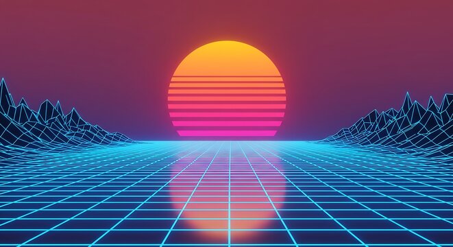 Retro futuristic landscape with a grid floor and a neon sun setting over mountains, evoking a synthwave aesthetic