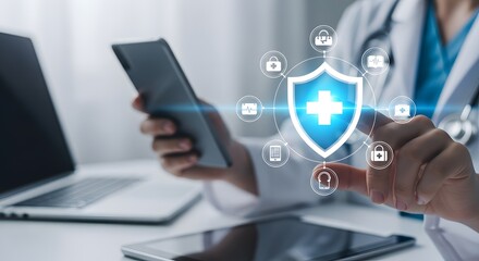 Doctor using digital tablet with medical security shield and healthcare icons overlaid on screen