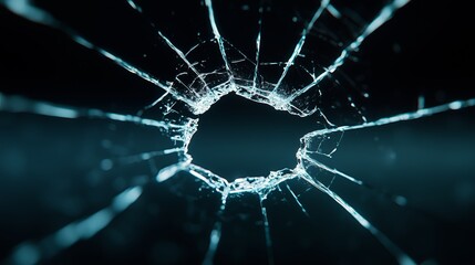 Cracked glass with intricate fractures illuminated in soft blue light