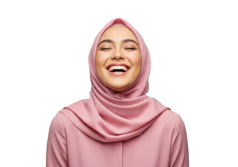 A joyful young woman wearing a pink hijab laughs heartily with her eyes closed expressing pure happiness isolated on transparent background