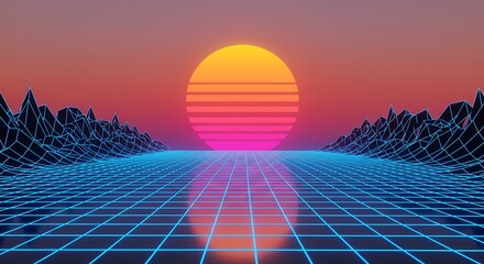 Retro futuristic landscape with a grid floor and a neon sun setting over mountains, evoking a synthwave aesthetic